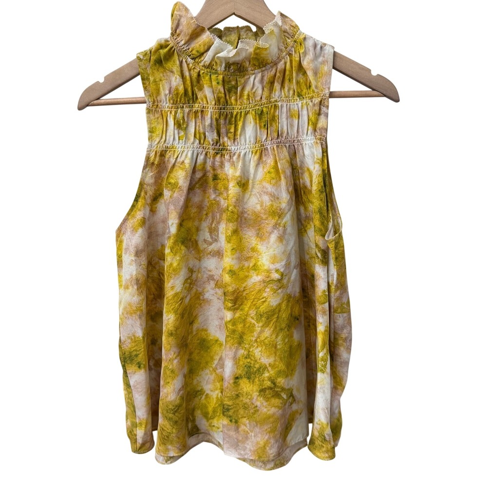 Joie Blouse XS Yellow Tie Dye Silk Smocked Ruffle High Neck Sleeveless Top